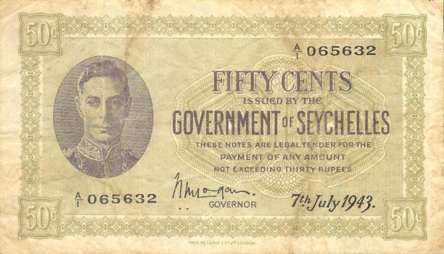 Front of Seychelles p6a: 50 Cents from 1943