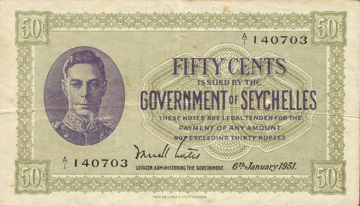 Front of Seychelles p6c: 50 Cents from 1951