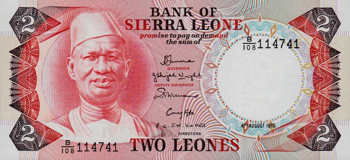 Front of Sierra Leone p6h: 2 Leones from 1985
