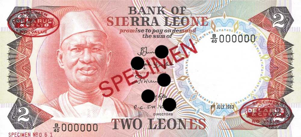 Front of Sierra Leone p6s: 2 Leones from 1974