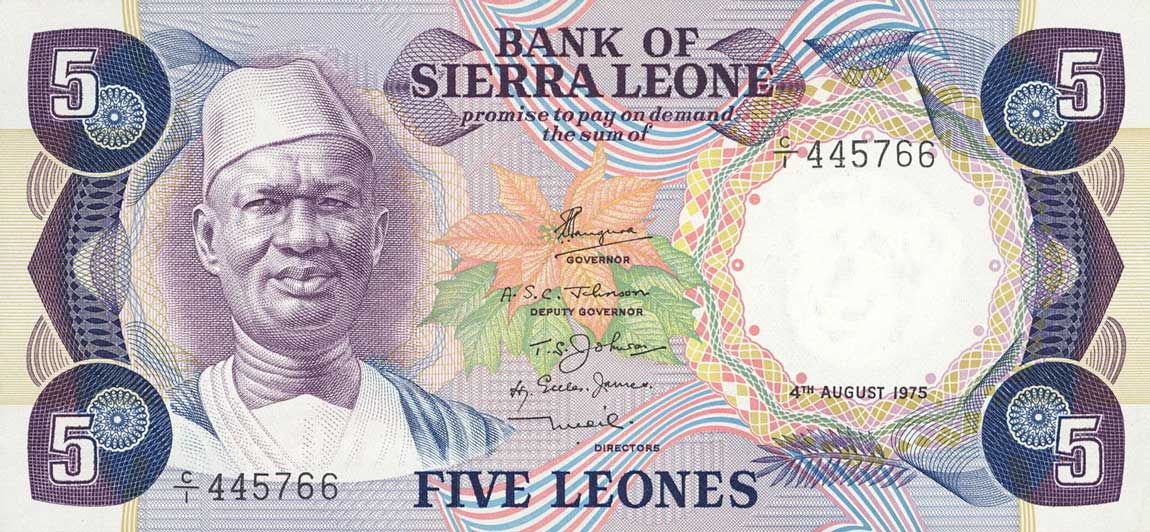 Front of Sierra Leone p7a: 5 Leones from 1975