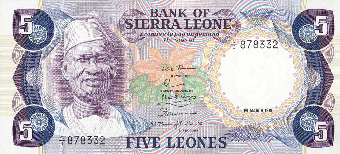 Front of Sierra Leone p7c: 5 Leones from 1980