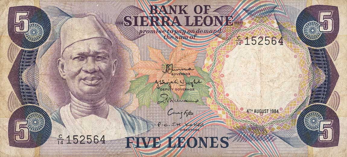 Front of Sierra Leone p7e: 5 Leones from 1984