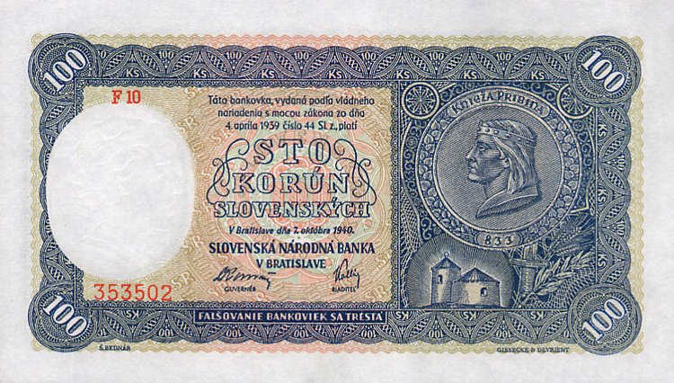 Front of Slovakia p10a: 100 Korun from 1940