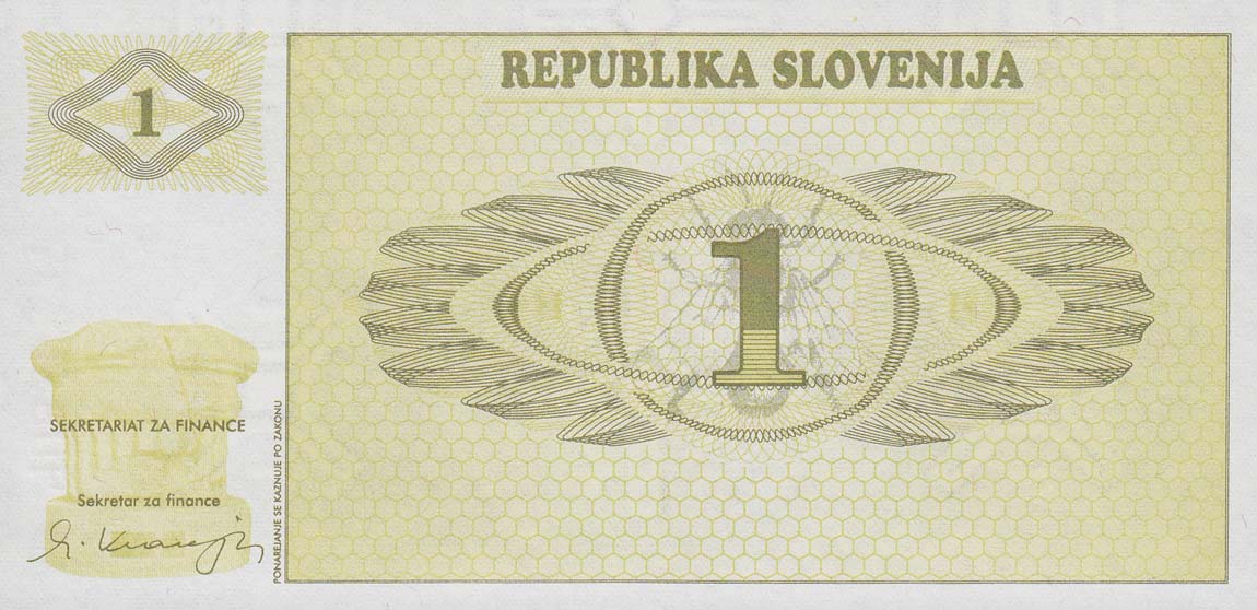 Front of Slovenia p1s1: 1 Tolar from 1990