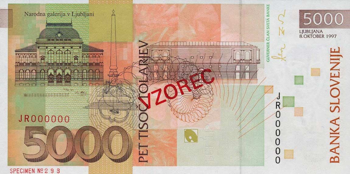 Back of Slovenia p21s: 5000 Tolarjev from 1997
