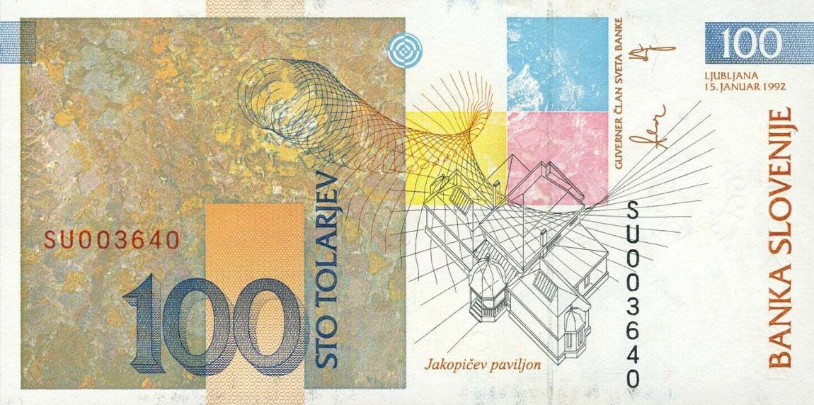 Back of Slovenia p25: 100 Tolarjev from 2001