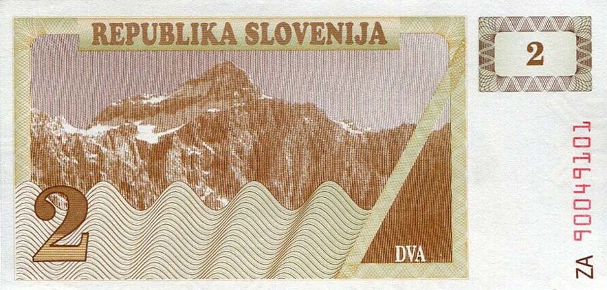 Back of Slovenia p2r: 2 Tolarjev from 1990