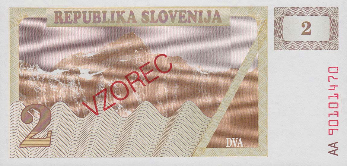Back of Slovenia p2s1: 2 Tolarjev from 1990