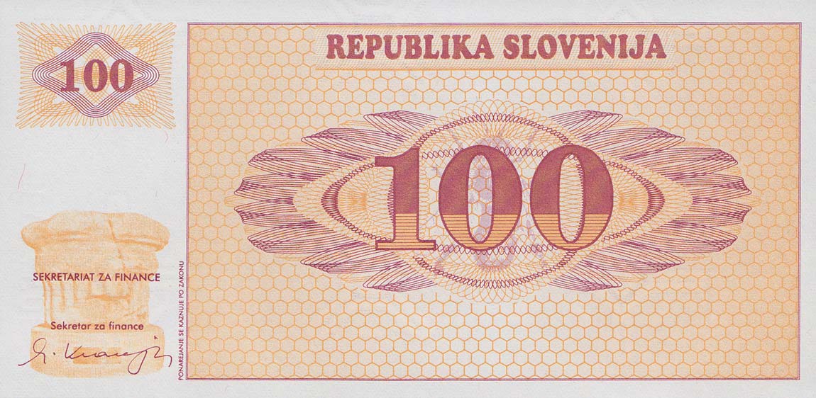 Front of Slovenia p6s1: 100 Tolarjev from 1990