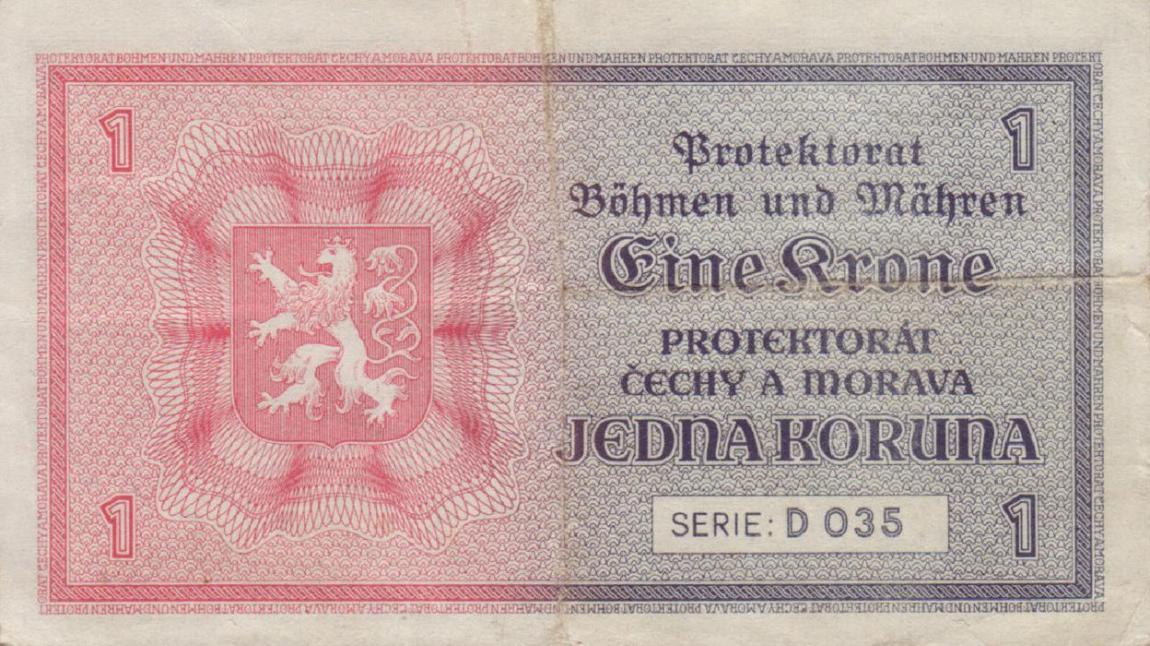 Back of Bohemia and Moravia p3a: 1 Koruna from 1940