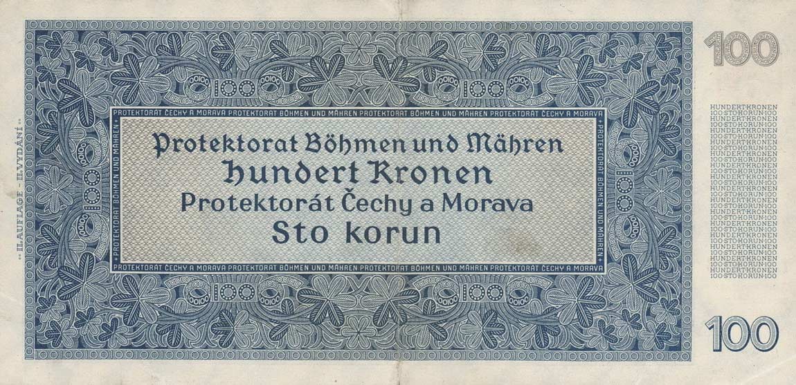 Back of Bohemia and Moravia p7b: 100 Korun from 1940