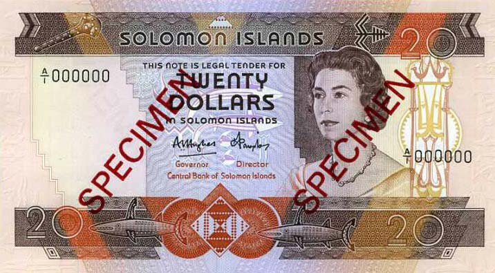 Front of Solomon Islands p12s: 20 Dollars from 1984