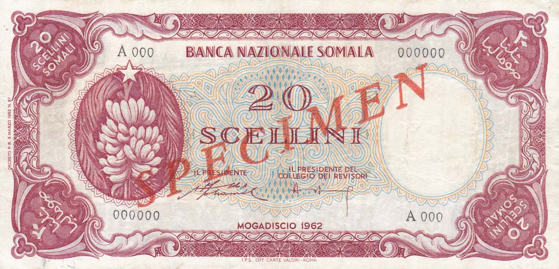 Front of Somalia p3s: 20 Scellini from 1962