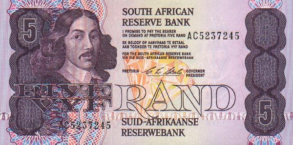 Front of South Africa p119e: 5 Rand from 1990