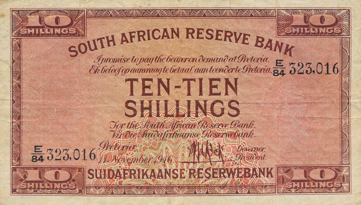 Front of South Africa p82e: 10 Shillings from 1945