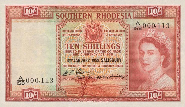 Front of Southern Rhodesia p12b: 10 Shillings from 1953