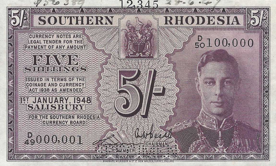 Front of Southern Rhodesia p8s: 5 Shillings from 1943