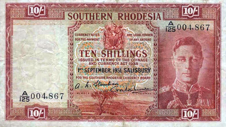 Front of Southern Rhodesia p9f: 10 Shillings from 1950