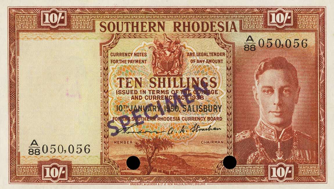 Front of Southern Rhodesia p9s: 10 Shillings from 1939