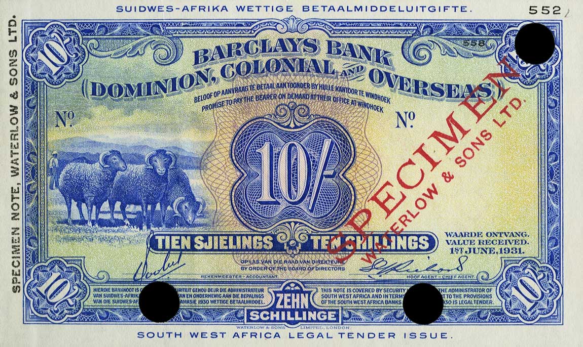 Front of Southwest Africa p1ct: 10 Shillings from 1931