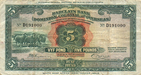 Front of Southwest Africa p3c: 5 Pounds from 1951