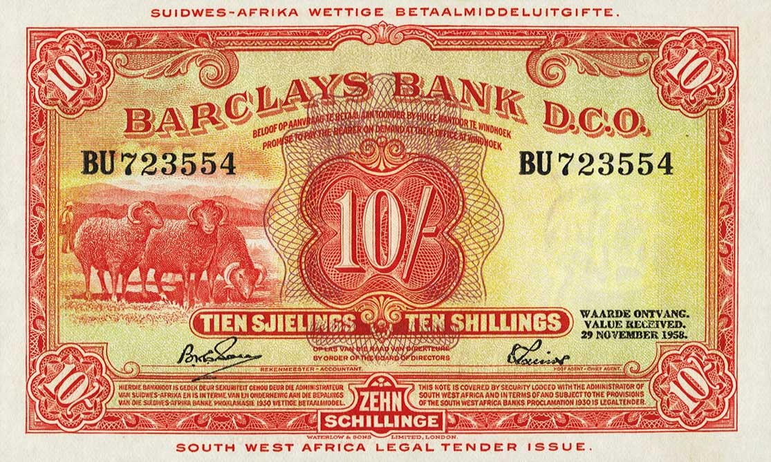 Front of Southwest Africa p4b: 10 Shillings from 1958