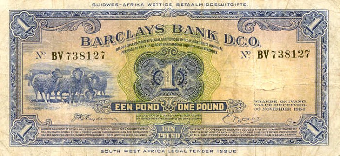 Front of Southwest Africa p5a: 1 Pound from 1954