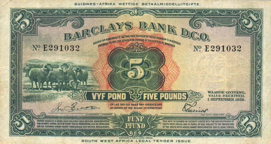 Front of Southwest Africa p6a: 5 Pounds from 1954