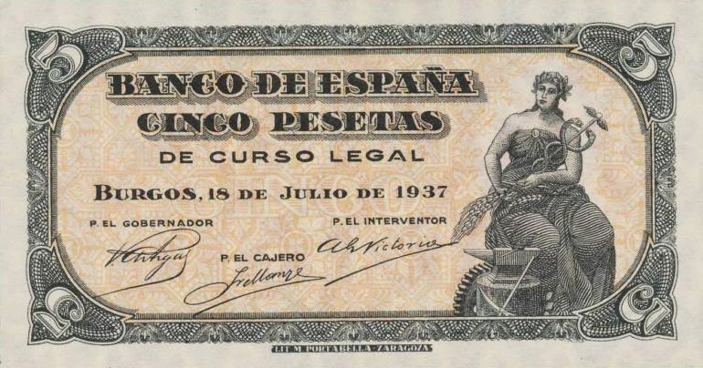Front of Spain p106a: 5 Pesetas from 1937