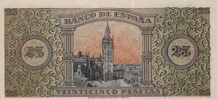 Back of Spain p111a: 25 Pesetas from 1938