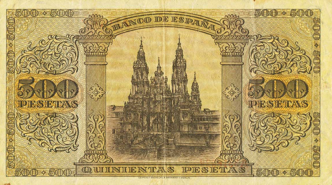 Back of Spain p114a: 500 Pesetas from 1938