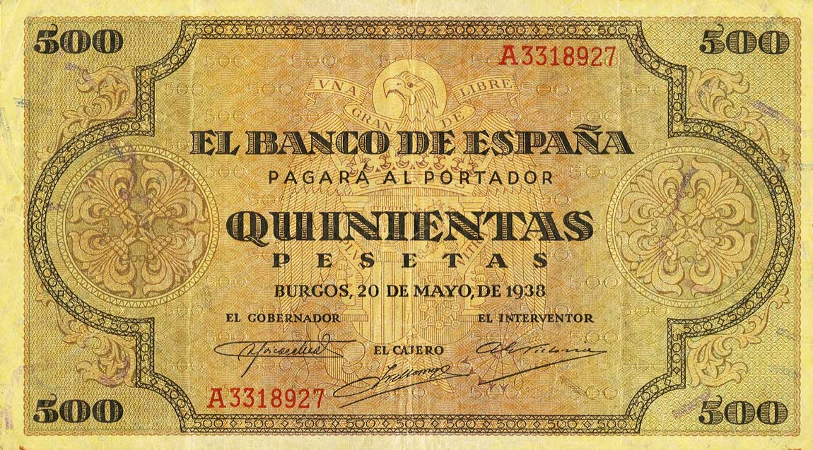 Front of Spain p114a: 500 Pesetas from 1938