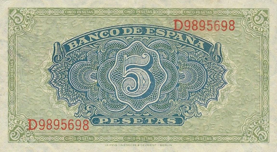 Back of Spain p123a: 5 Pesetas from 1940