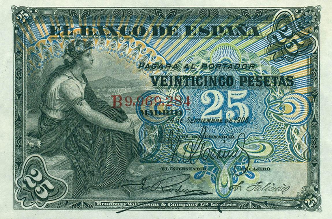 Front of Spain p57a: 25 Pesetas from 1906