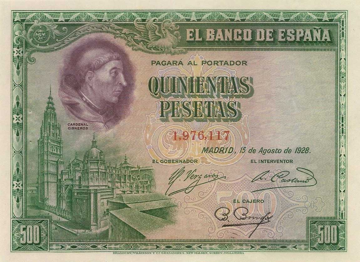 Front of Spain p77a: 500 Pesetas from 1928