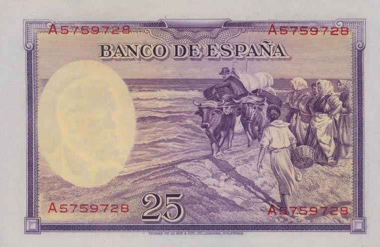 Back of Spain p87b: 25 Pesetas from 1938