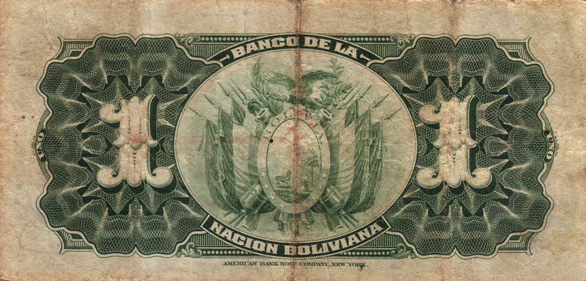 Back of Bolivia p102a: 1 Boliviano from 1911