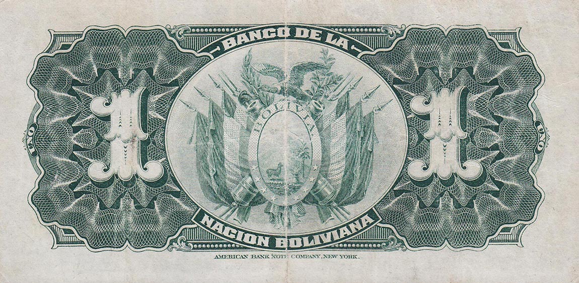 Back of Bolivia p102b: 1 Boliviano from 1911