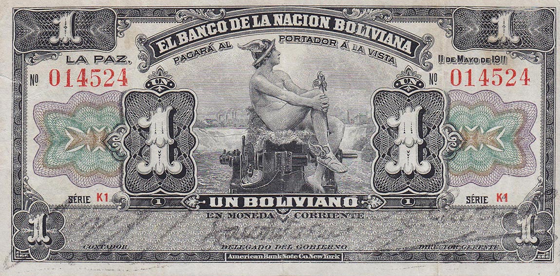 Front of Bolivia p102b: 1 Boliviano from 1911