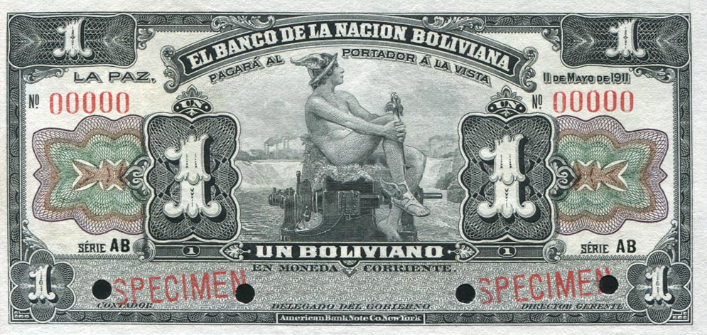 Front of Bolivia p102s: 1 Boliviano from 1911