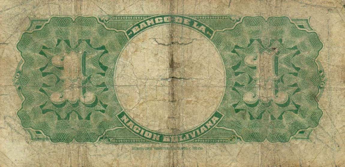 Back of Bolivia p104: 1 Boliviano from 1911