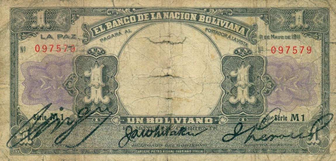 Front of Bolivia p104: 1 Boliviano from 1911