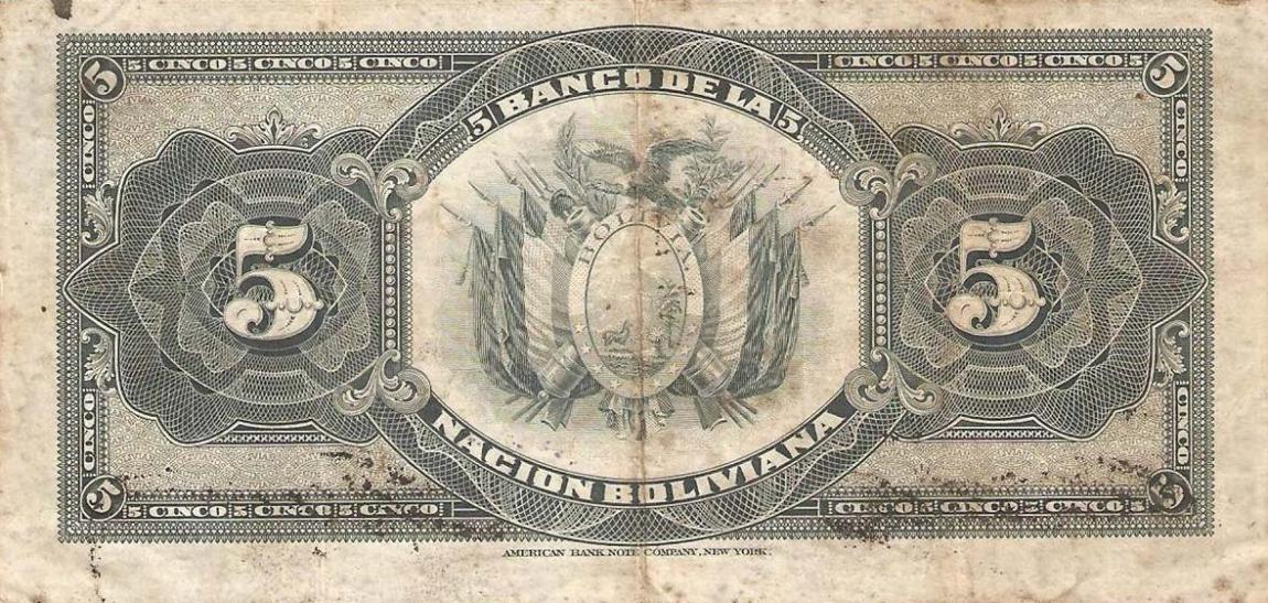 Back of Bolivia p105a: 5 Bolivianos from 1911