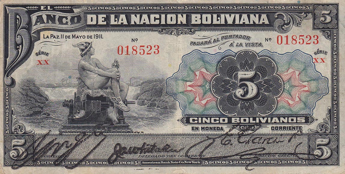 Front of Bolivia p105b: 5 Bolivianos from 1911