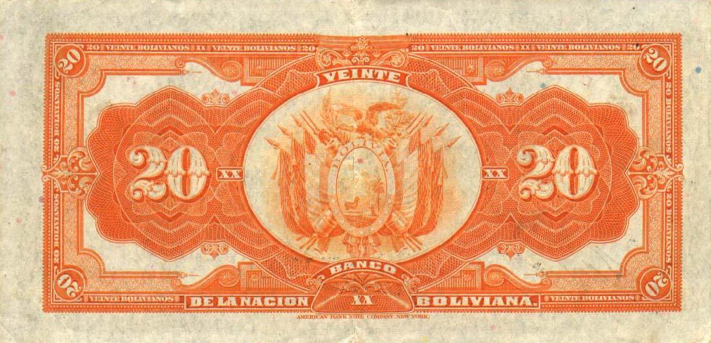Back of Bolivia p109b: 20 Bolivianos from 1911