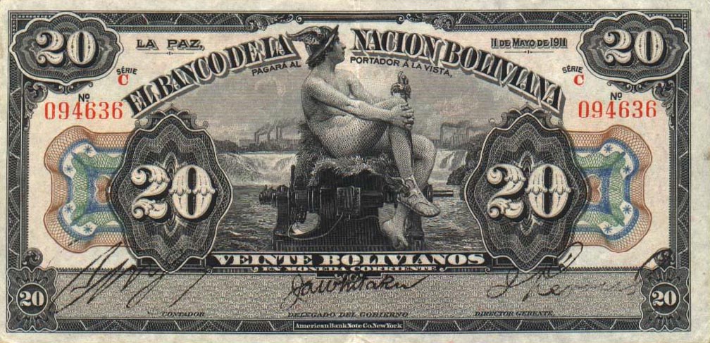 Front of Bolivia p109b: 20 Bolivianos from 1911