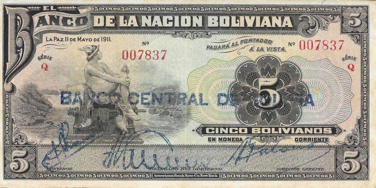 Front of Bolivia p113: 5 Bolivianos from 1929