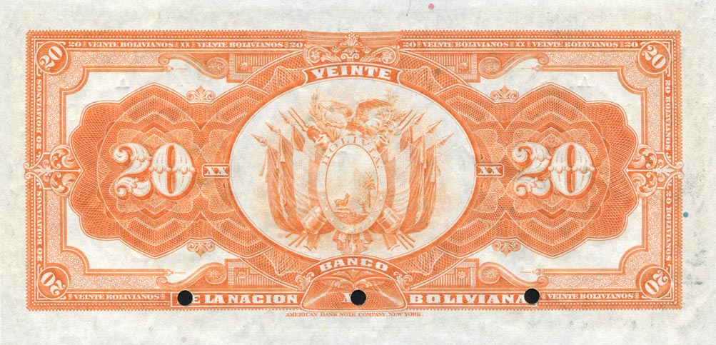 Back of Bolivia p115s: 20 Bolivianos from 1929