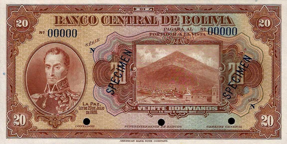 Front of Bolivia p122s: 20 Bolivianos from 1928
